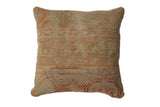 Vintage Turkish rug fragment pillow in distressed khaki green and orange-red geometric patterns, 17x17.