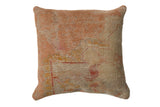 Vintage Turkish rug fragment throw pillow, distressed peach and beige with abstract worn pattern, 17x17.