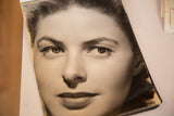 Vintage Ingrid Bergman headshot, sepia close-up of her eyes, nose, and lips.