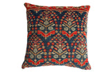 Vintage Rug Fragment Throw Pillow with deep blue field, red, beige stylized palmette motifs, 20x20.