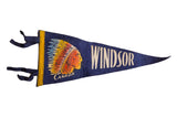Vintage blue felt Windsor Canada pennant flag with a colorful Native American chief graphic.