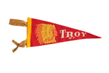 Vintage red felt pennant flag with yellow trim, Native American graphic, TROY N.Y. text.