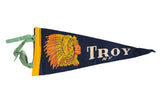 Vintage Troy NY felt pennant, navy blue, orange, yellow Native American graphic, green ties.