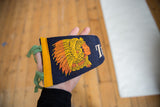 Vintage Troy NY felt pennant featuring orange, yellow Native American headdress graphic and 'TROY' lettering.