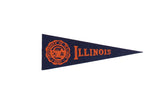 Vintage University of Illinois felt pennant in navy blue with orange school crest and lettering.