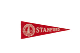 Mid-century Stanford University red felt pennant with white school crest and STANFORD lettering.