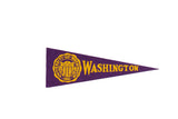 Vintage University of Washington felt flag with purple and yellow school crest, 3.5x9.5 inches.