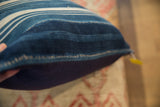Vintage Indigo African Textile Pillow edge, navy linen blend backing and yellow zipper.