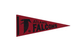 Vintage Atlanta Falcons felt flag pennant in red with black 1970s logo and text.