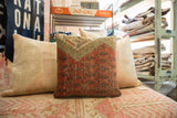 Hand-knotted Mir Serbend pattern on circa 1910s vintage rug pillow, muted red and blue.
