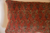 Intricate geometric pattern on the antique Mir Serbend rug fragment pillow's aged red pile.