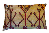 Vintage hand-knotted Turkish Oushak pillow, geometric red and gold on mellow yellow.