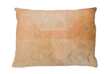Vintage rug fragment pillow, soft beige and peach tones with faded geometric motifs, hand-knotted, 22x29.