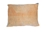 Rectangular hand-knotted vintage Oushak rug fragment pillow in muted beige and peach.