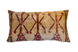 Vintage Turkish Oushak hand-knotted rug pillow, beige with bold red geometric motifs, 19x34.