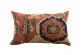 Antique Bijar rug fragment pillow with terracotta, indigo, and ivory traditional geometric pattern, 20x12.