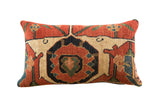 Reclaimed antique Persian Bijar rug fragment pillow, bold rust, cream, navy geometric medallion, 20x12.