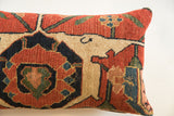 Terracotta and navy geometric patterns on a textured antique Persian Bijar pillow.