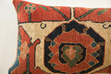 Hand-knotted pile detail of antique Bijar fragment pillow in red, navy, and beige.