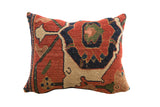Antique Bijar rug fragment pillow with rust red, navy geometric tribal patterns. 16x12.