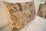 Antique Persian Kerman rug fragment pillow detail, featuring mythical scrolling motifs and a geometric labyrinth.