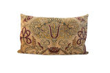 Oversized vintage pillow from antique Persian Kerman rug fragment, gold, red, dark blue mythological design, 24x36.