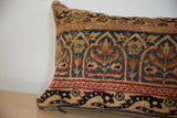 Vintage rug fragment pillow side, early 20th century Kerman pattern with petrol blue and goldenrod tones.