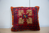 Hand-knotted Vintage Rug Fragment Square Pillow, ruby red, navy blue, tan geometric.