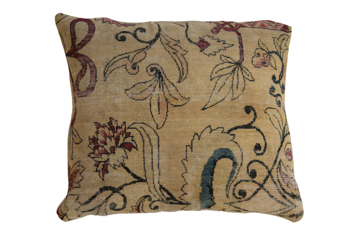 Antique Kerman rug fragment pillow with an Art Nouveau floral design on a saffron yellow ground.