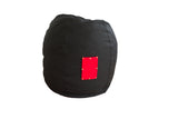 Black hemp bean bag chair featuring a swappable red pocket with brass studs.