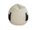 Small hemp bean bag chair in natural canvas with two black swappable side pockets.