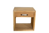 Solid oak nightstand with a single drawer and a light gray felt handle.