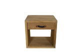 Solid oak nightstand with a single drawer and a dark grey felt pull handle.