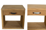 Solid oak wooden nightstand shown with swappable felt handles in dark and light gray.