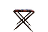 Vintage Rug Fragment Footstool, dark blue, red, ivory patterned textile, folding metal base.