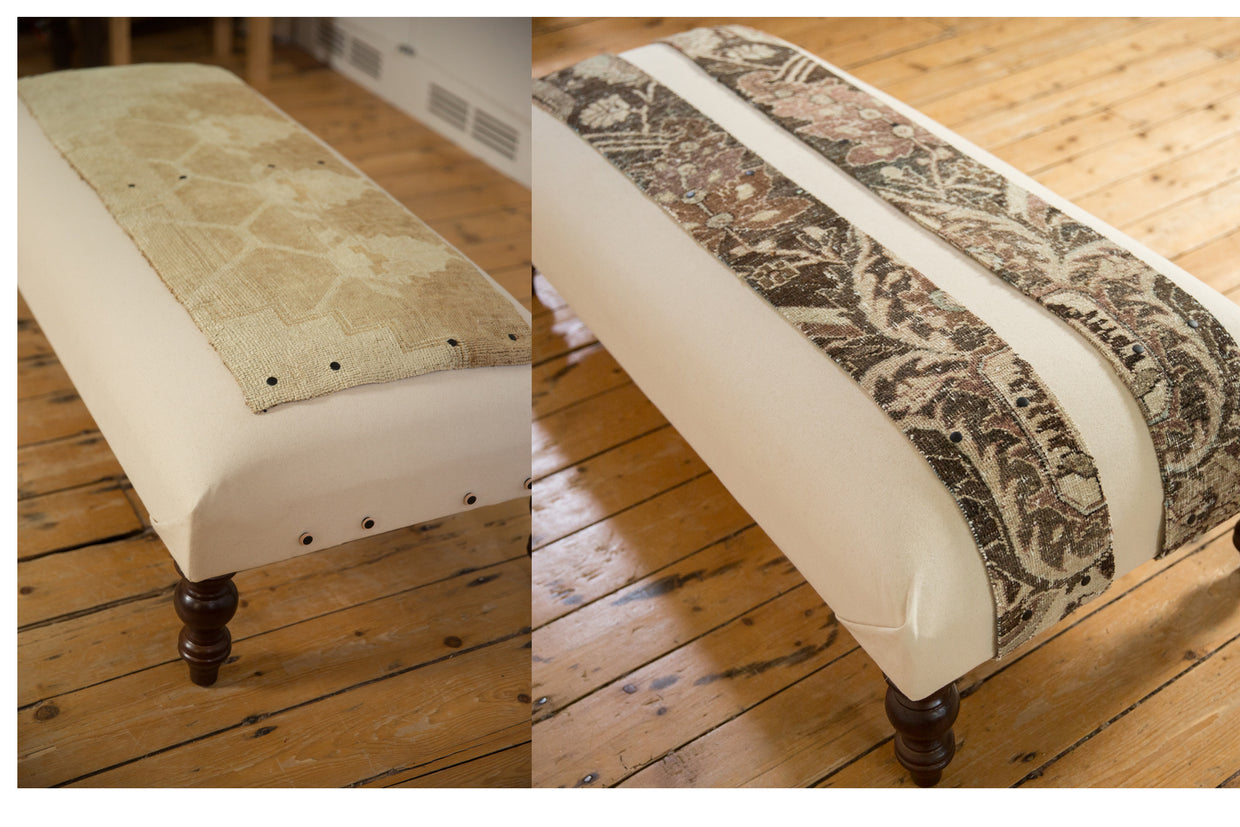 A canvas ottoman with swappable rug fragment tops, shown side-by-side in geometric and floral styles.