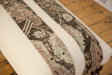 Close view of the worn texture on two vintage rug fragment strips snapped onto the canvas ottoman.