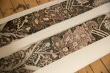 Close-up on the worn, hand-knotted texture of floral rug fragments in earth tones.