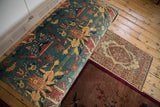 Antique Persian rug ottoman with pictorial chicken motifs and floral patterns, seen from above.
