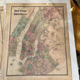 Original antique 1868 New York City and Brooklyn map, pastel-colored with detailed street grids.