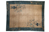 Vintage Peking carpet, minimalist antique ivory field, deep sapphire blue border, potted plant designs.
