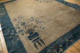 Vintage Peking carpet corner with Art Deco potted plant on antique ivory, sapphire border.