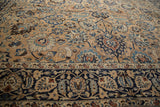 Vintage Meshed rug's navy border and intricate light bronze Shah Abas design.