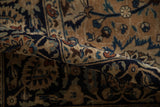 Rolled vintage Meshed carpet with navy, bronze, and copper Shah Abas floral motifs.