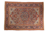 Vintage Heriz carpet, bold geometric medallion with shadowed outlines, brick red, navy, ivory. 6'7