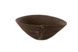 Vintage African hand-carved wooden bowl, dark brown with primitive aged character, 8.5x8.5x4 inches.