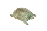 Collectible vintage African handmade copper turtle, gridded shell, and green-blue patina.