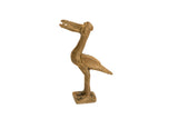 Vintage African bronze bird sculpture with long legs, incised wing details, and a square base.