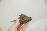 Bottom view of the vintage bronze bird sculpture showing its rustic, cast feet.