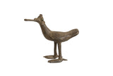 Vintage African bronze bird sculpture with a long flat bill and rustic aged patina.